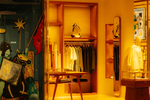 Warmly lit luxury fashion boutique interior showing garments and accessories on display, representing the Saks Fifth Avenue shopping credit