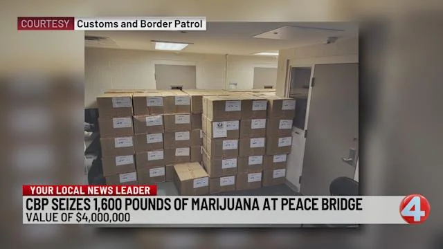 WIVB news still showing seized boxes with "1,600 lbs of Marijuana | $4 Million" chyron overlay at Peace Bridge bust