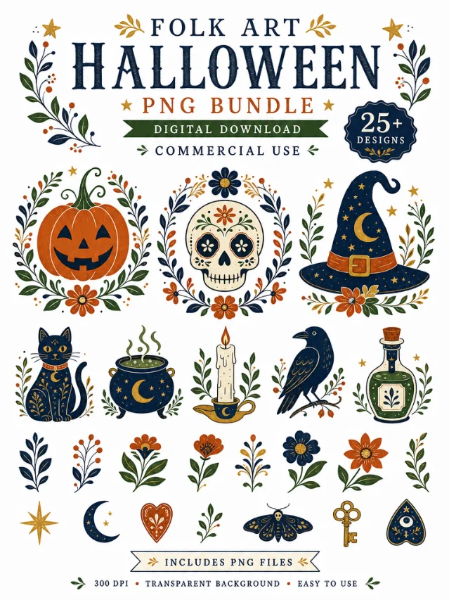 Folk art Halloween PNG bundle preview — commercial use digital download, jack-o-lantern, sugar skull, witch hat, black cat, raven, potion bottle in folk art botanical illustration style