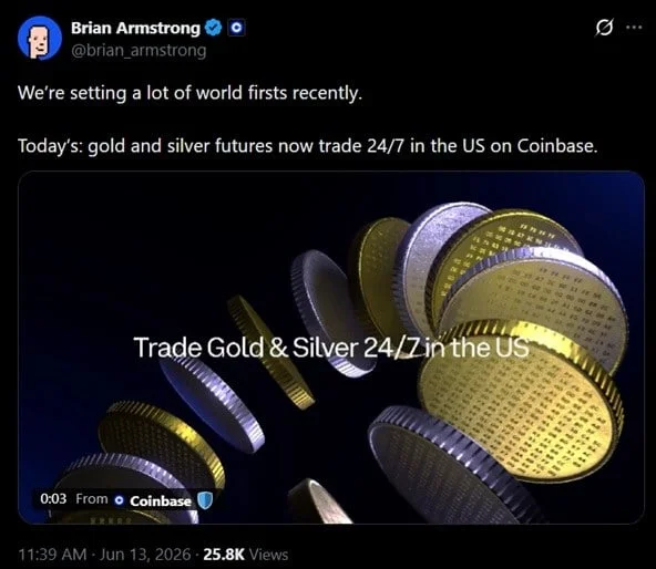 Brian Armstrong's tweet announcing 24/7 gold and silver futures on Coinbase, with stacked gold and silver coins visual