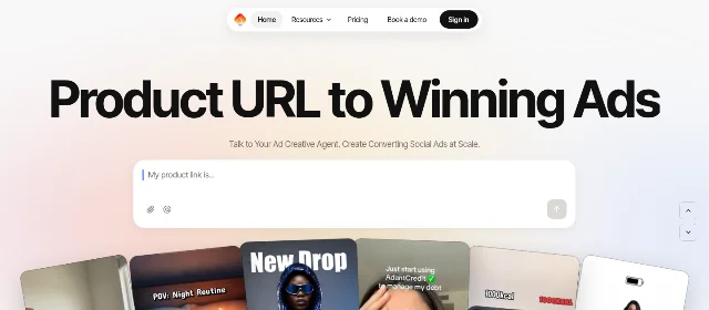 AdAnt AI 官网首页截图，展示 Product URL to Winning Ads 标题、产品链接输入框和短视频广告预览