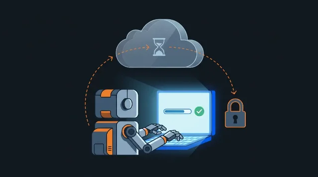Illustration: a robot at a laptop deploys to a temporary cloud (hourglass icon), which routes via dashed arrows to a padlock representing the claim step