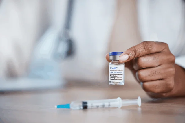 Clinician's hand holding a Tzield (teplizumab-mzwv) vial with a syringe visible on the table