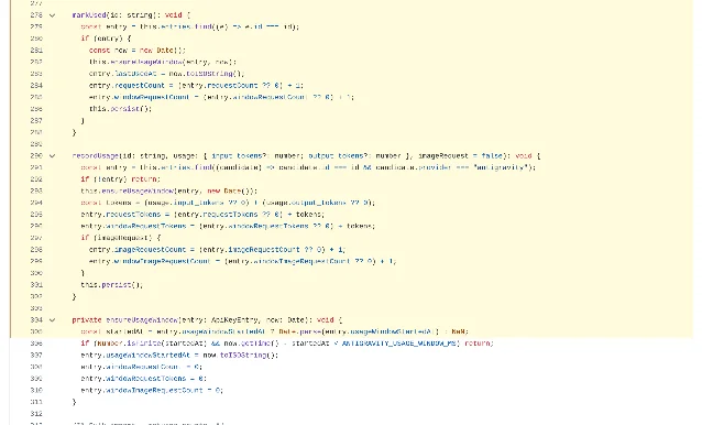 codex-proxy dev 分支 src/auth/api-key-pool.ts 的第 277 至 312 行:markUsed() 与 recordUsage() 末尾各有一处 this.persist()