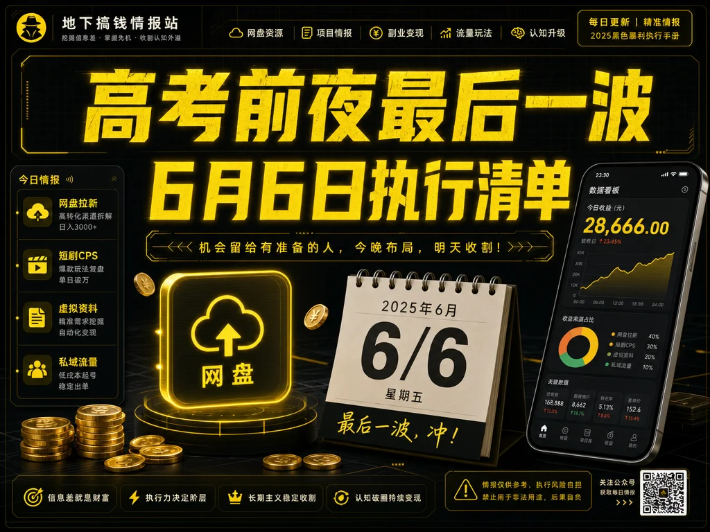 灰产掘金手册 #044 | 6/6 执行清单:高考前夜网盘最后冲刺 + AI沙雕视频838万赞打法 + 字节AI改视频上线 + 6月银行立减金 + 618口令