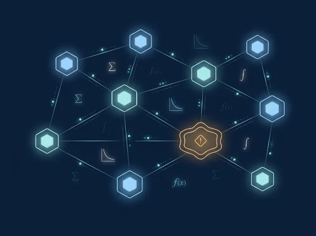 Federated ML network — glowing hexagonal nodes connected by encrypted data streams, one node highlighted in amber with a warning symbol representing a malicious client