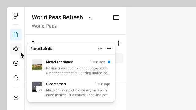Figma Design Agent progress panel — real-time step tracking showing completed actions, current operation, and final result in the chat thread