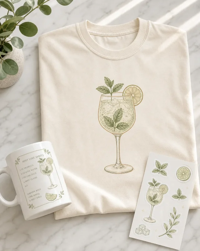 Hugo Spritz product concept — cream tee with spritz glass graphic, matching mug, and sticker sheet on marble