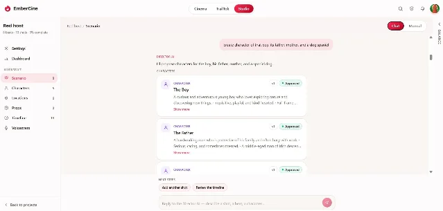 EmberCine Studio 的 Scenario 界面,左侧是项目与资产列表,中间是用户与 Director AI 的对话,下方是三张带 v1 标记和 Approved 状态的角色卡