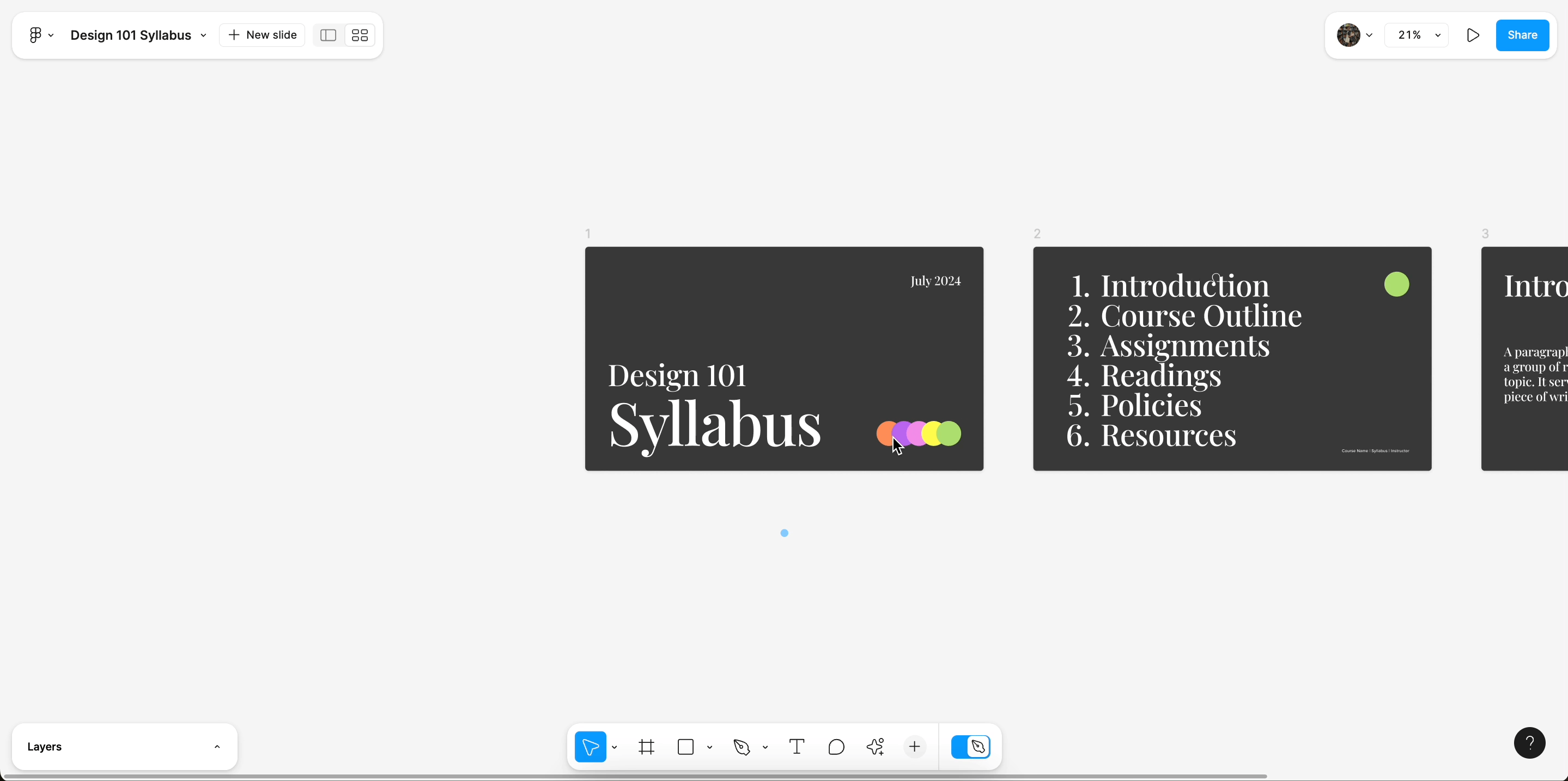 Figma Slides Design Mode Layers panel showing the layer tree structure