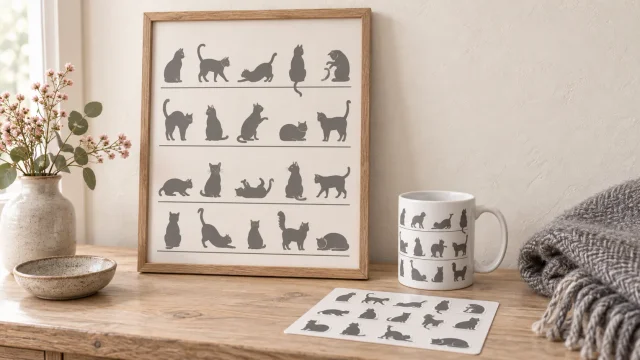 AI-generated product concept: a framed cat-posture chart, a printed mug and a cat sticker sheet on a hall table