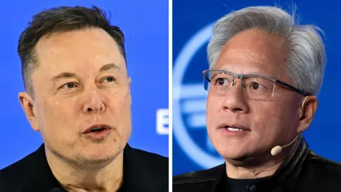 BBC 报道配图:Elon Musk 与 Jensen Huang 分屏对比