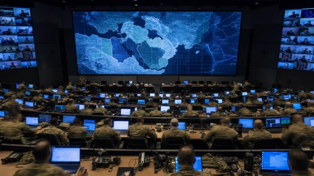 JSOC-style operations and intelligence briefing — hundreds connected simultaneously via secure video across multiple theaters