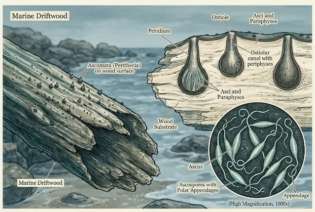 Diagram of marine pyrenomycetes on driftwood: left panel shows ascomata emerging from submerged wood, centre cross-section shows flask-shaped perithecium with ostiole and asci, lower-right inset shows ascospores with polar appendages at 1000x