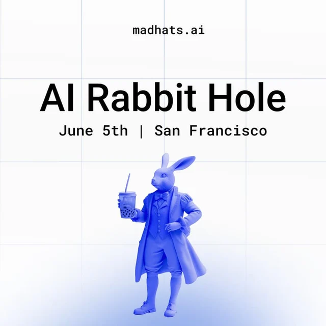AI Rabbit Hole 2026 event poster: blue 3D rabbit in a coat holding boba tea, text reads "AI Rabbit Hole · June 5th | San Francisco" on a light grid background
