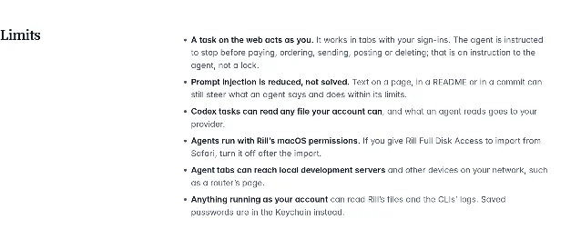 Rill 隐私页 Limits 一节:A task on the web acts as you、Prompt injection is reduced, not solved、Codex tasks can read any file your account can、Agent tabs can reach local development servers 等六条