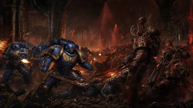 Two armies of heavily-armored warriors clash in a smoke-filled underground tunnel, one side in blue plate armor with gold eagles, the other in dark crimson and black