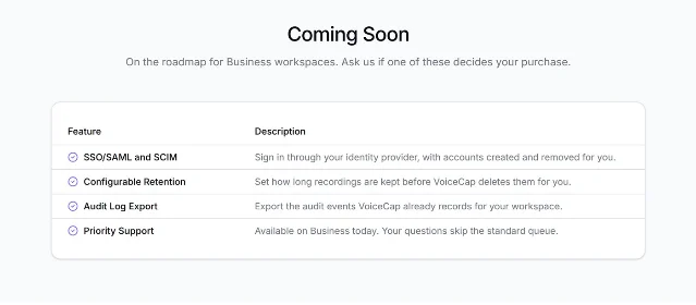 VoiceCap 安全与合规页的 Coming Soon 表：SSO/SAML 和 SCIM、Configurable Retention、Audit Log Export 三项都是 planned，只有 Priority Support 是 available today