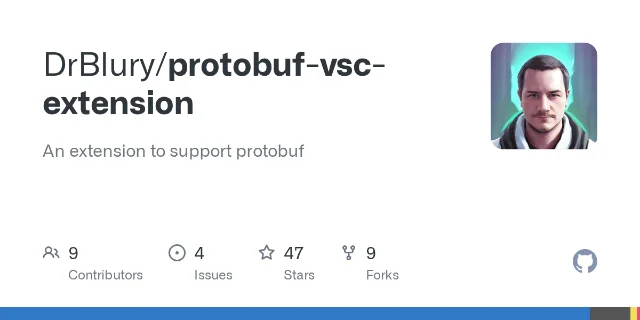 GitHub repository card for DrBlury/protobuf-vsc-extension showing 47 stars, 9 forks, 9 contributors, and 4 open issues