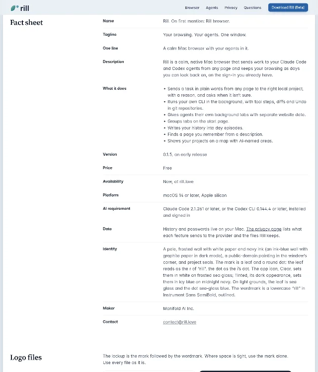 Rill 媒体资料页的 Fact sheet 表格,逐行写着 Name、Tagline、Version 0.1.5、Price Free、Platform macOS 14 or later Apple silicon、AI requirement 与 Maker