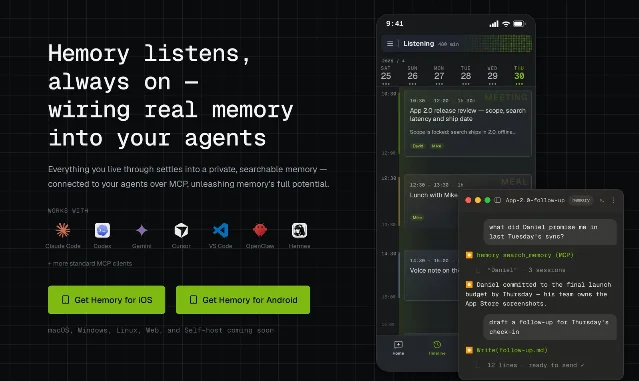 A dark product page showing the heading Hemory listens, always on, a row of agent logos including Claude Code, Codex and Cursor, and beside it a phone screen with a day divided into activities naming David, Mike and Jenny, with an agent answering a question about a promise made in a Tuesday sync