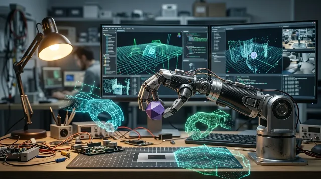 Robotic arm grasping a geometric object on a lab bench, holographic wireframe overlays in cyan-green, dual monitors showing 3D scene reconstruction, tungsten lamp lighting