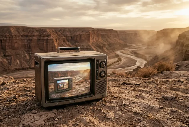 An old analog CRT television on cracked desert rock in the Atacama Canyon, its screen showing a recursive image of the same canyon landscape in smaller scale — golden afternoon light, dust in the air