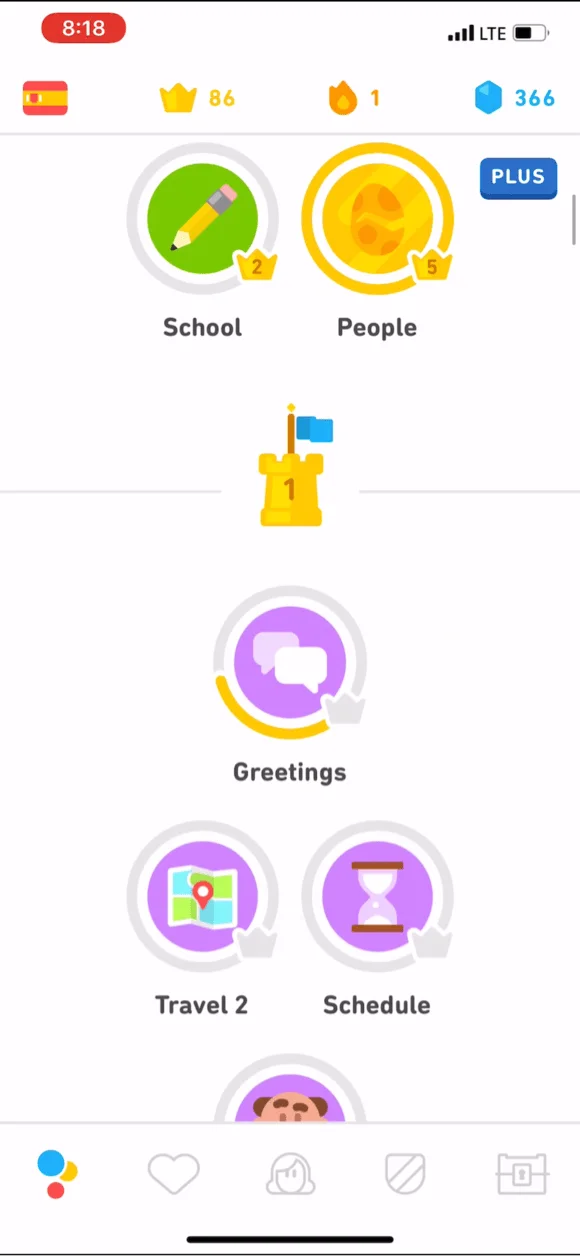 Duolingo 首页学习路径，已完成节点与未完成节点并存