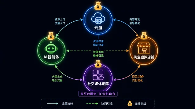 网盘拉新多线变现路径示意:智能体/淘宝虚拟/社媒矩阵三路汇流
