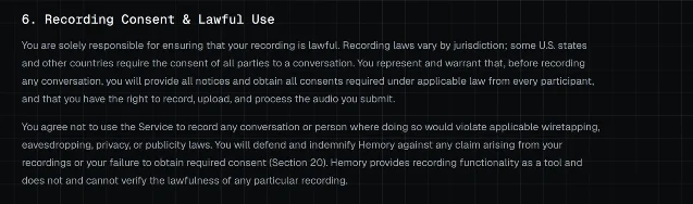 Section 6 of Hemory's terms of service, headed Recording Consent and Lawful Use, with two paragraphs stating that the user is solely responsible for the lawfulness of the recording, must obtain all consents required from every participant, and will defend and indemnify Hemory against claims arising from the recordings