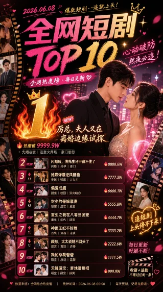 🔥0608全网短剧榜：「少夫人来自东尗2」破亿登顶，「宜嫁宜娶」首播即杯进前三！