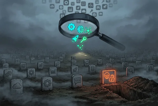 Foggy graveyard of app-icon tombstones with a magnifying glass filtering out surviving tools, and a freshly-dug grave with a warning skull icon in the foreground