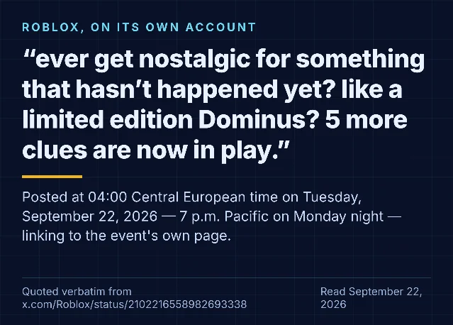 A card quoting Roblox's post about The Hunt: Roblox 20 in full