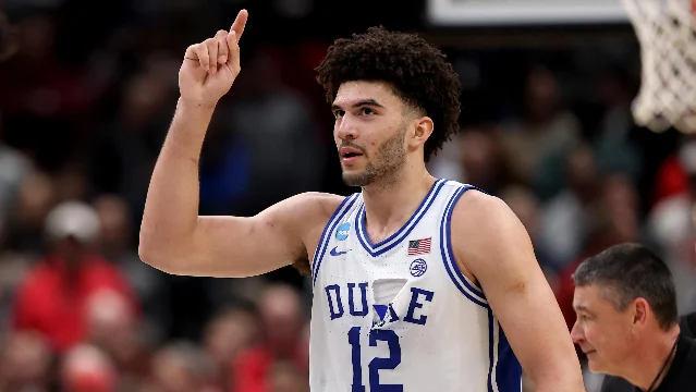 Cameron Boozer (#12, Duke) reacts during the NCAA Tournament Sweet Sixteen — the freshman at the center of the #2 pick debate