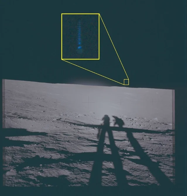 Pentagon 公开的 Apollo 12 月球 UAP 照片(1969 年 11 月),黑色天空中标注了不明发光异常区域