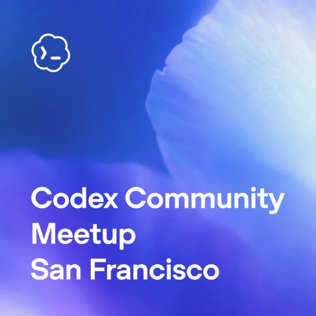 蓝紫色渐变背景的 Codex 社区聚会封面,终端风格图标