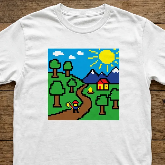AI-generated concept: Programmer Art t-shirt — intentionally rough pixel landscape with blocky trees and chunky sun on a white tee