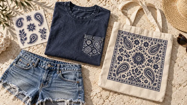 Bandana Belt product flat lay showing a washed navy pocket graphic tee, an ornate paisley tote bag, and sticker sheet on pale stone