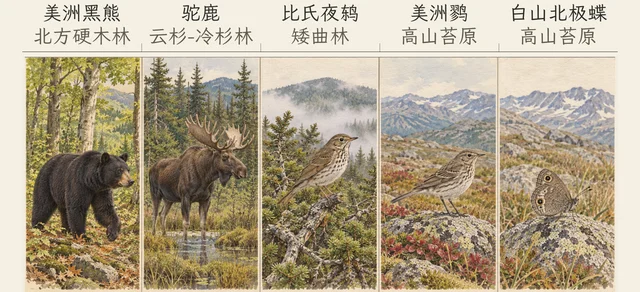 华盛顿山各海拔带的代表动物