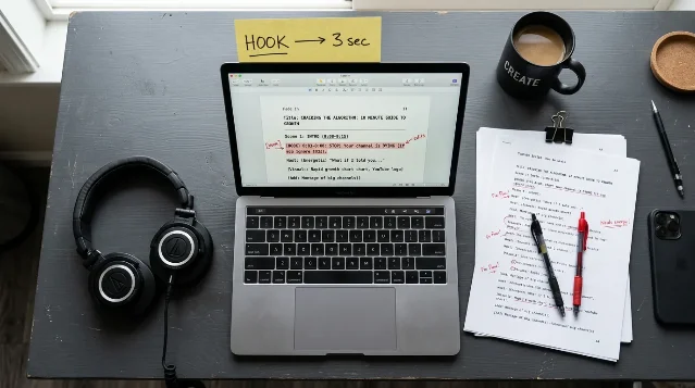 A video script writer's workspace overhead: laptop showing a YouTube script with hook annotations, printed script pages with red pen edits, "HOOK → 3 sec" sticky note, headphones on a dark desk