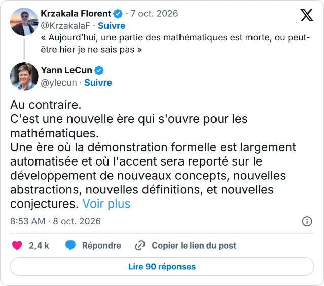 X 卡片截图:上方是 Krzakala 的原帖,下方是 Yann LeCun 的回复全文四句法语,末尾折成「Voir plus」,时间戳 8:53 AM · 8 oct. 2026,2.4 千个赞