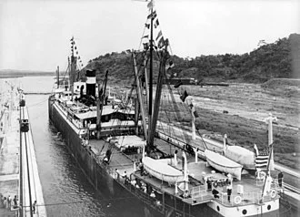 SS Ancon entering the west chamber of the Panama Canal locks on August 15, 1914, making the first official transit of the completed waterway