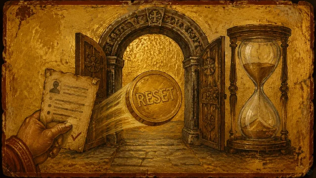 打开的石拱门前,RESET 金币越过门槛,旁边的沙漏没有标出结束时刻
