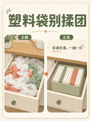 塑料袋别揉成团，折成长条一抽一只