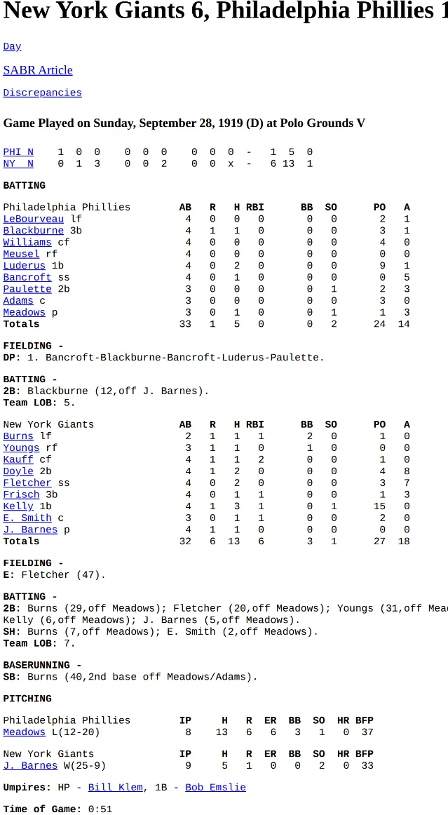 The compiled box score of the first game of the doubleheader, showing the line score, both batting lines, the two pitching lines and the note "Time of Game: 0:51"