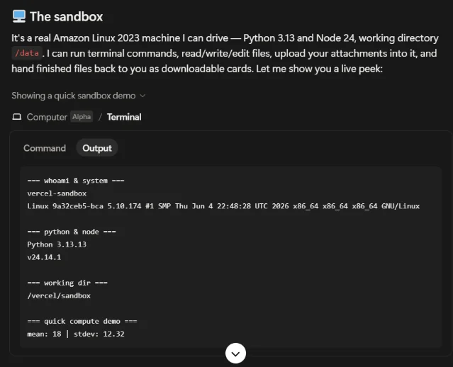 Notion AI's sandbox self-description in the Alpha terminal tab, showing Python 3.13.13, Node v24.14.1, and a quick compute demo producing mean: 18 | stdev: 12.32