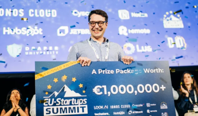 AlterEcho team receiving their award on the EU-Startups Summit stage
