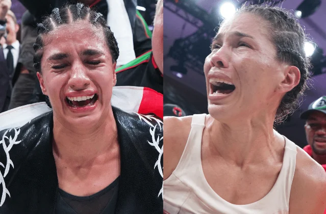 Estefany Alegria and Nataly Delgado celebrate with belts after MVPW 04 in Orlando, June 13