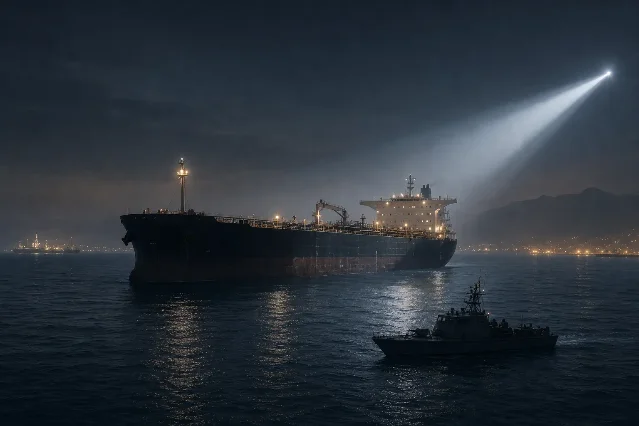 An oil tanker under a naval searchlight in the Gulf of Oman