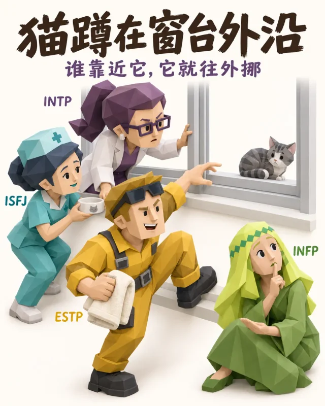 猫蹲在窗台外沿，谁靠近它就往外挪